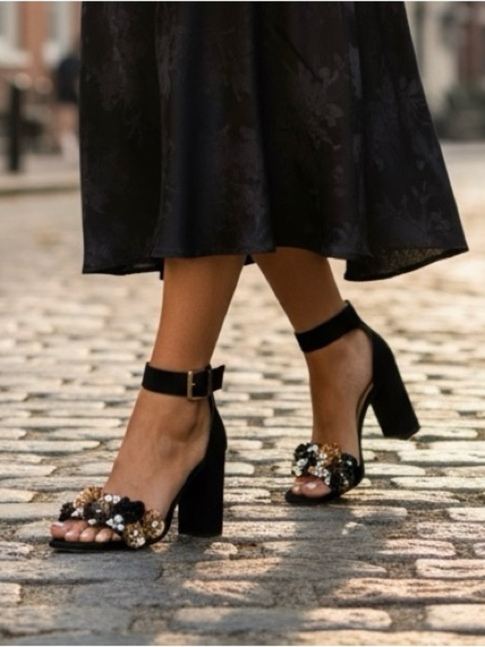 J. Crew Collection Black Ankle Strap Floral Embellishment Block Heel Shoes
